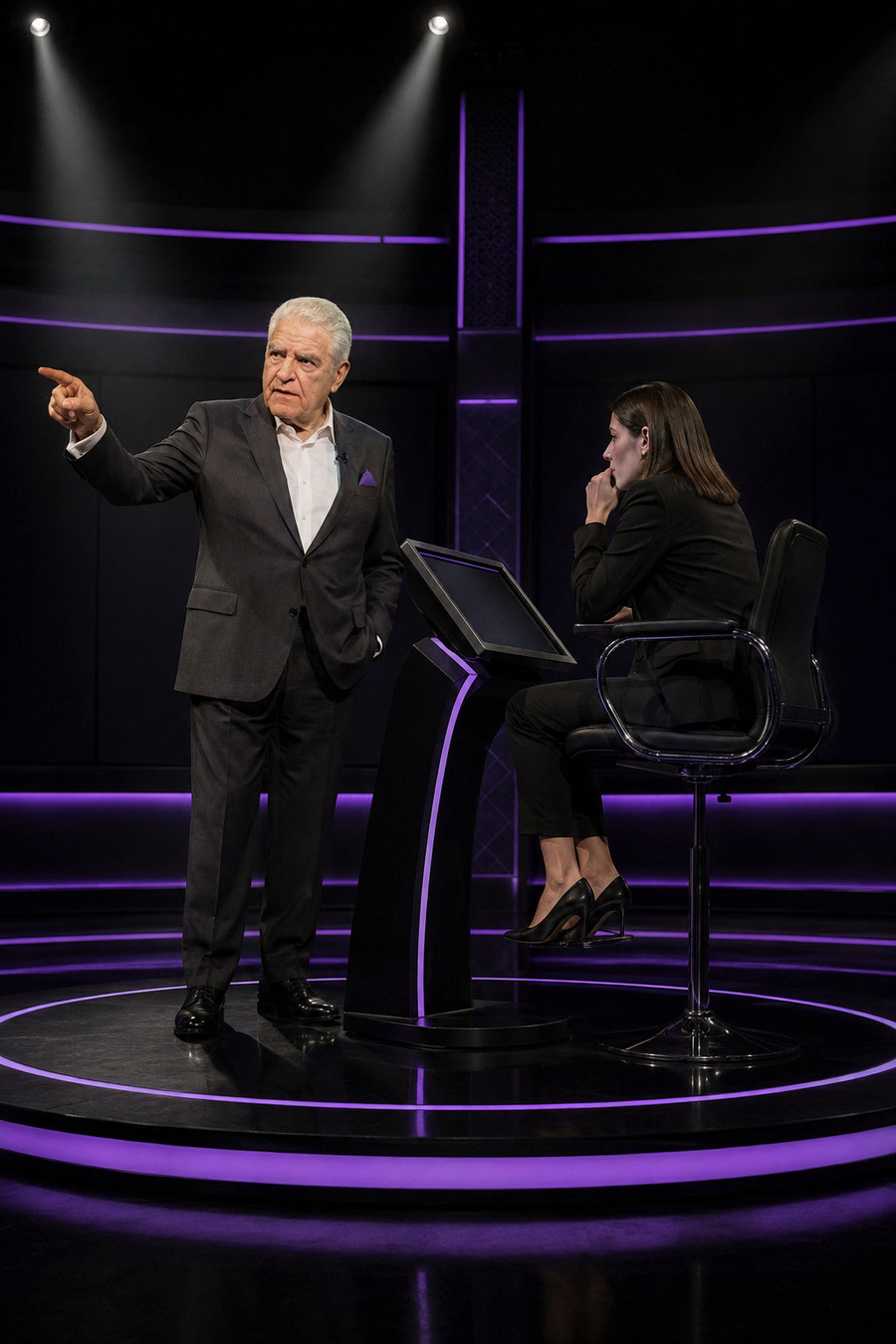 El conductor de pie junto al sillón del concurso